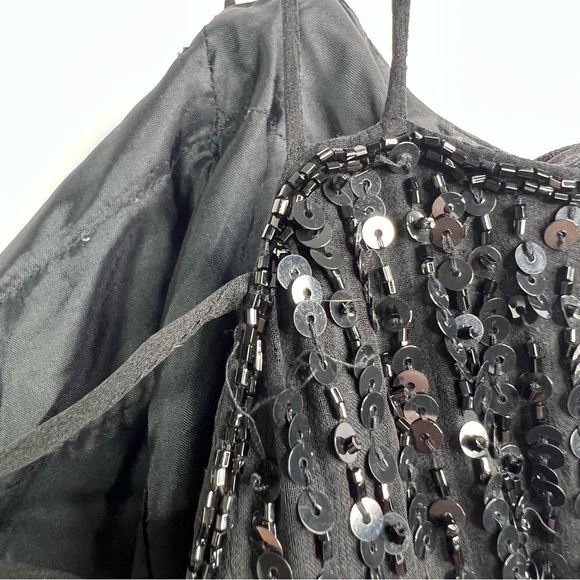 Vintage Beaded Sequined Gown Open Back Black Dress Sleeveless Strappy Tie Formal - Picture 7 of 7